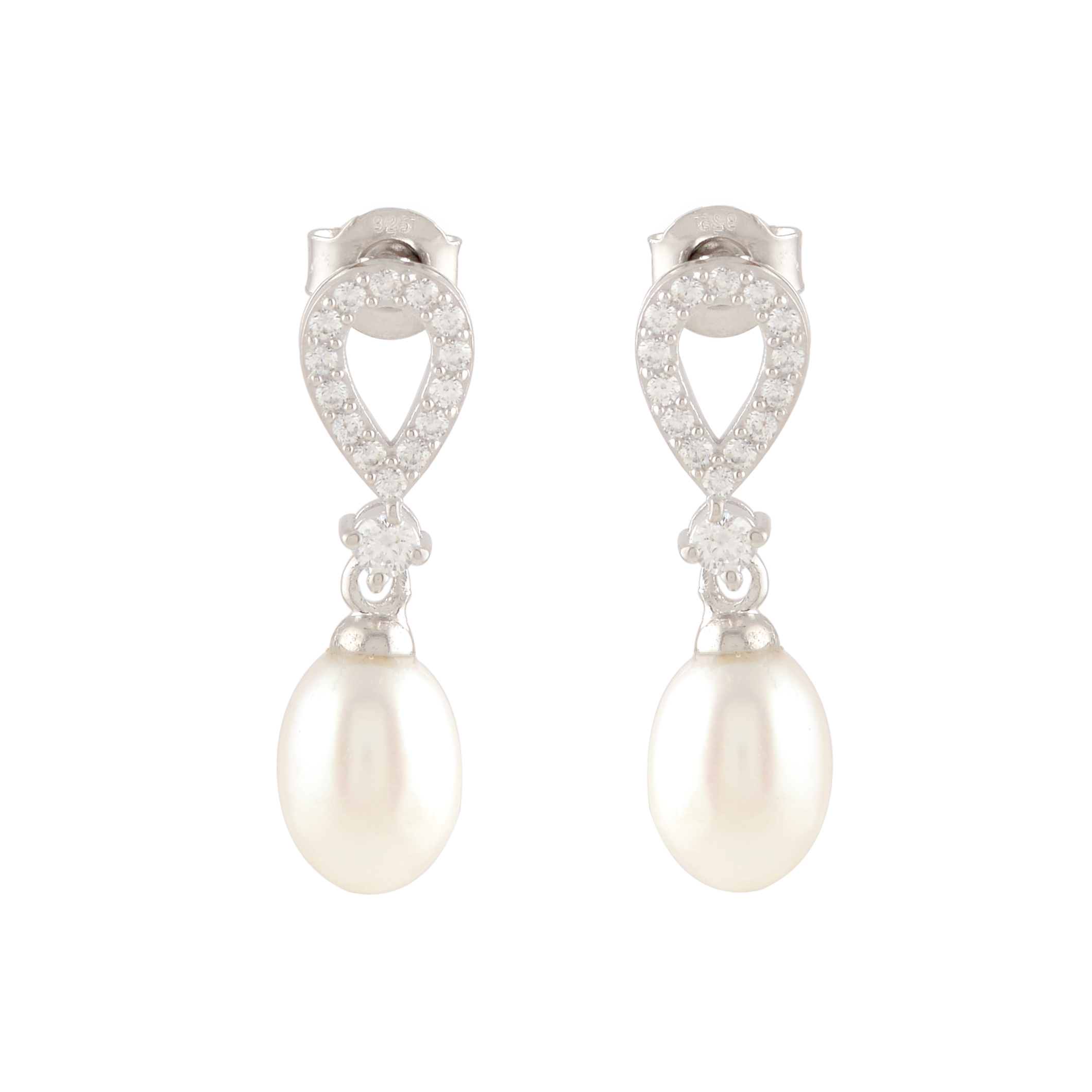 White Pearl Drop Earrings Adorned with Sparkling Stones