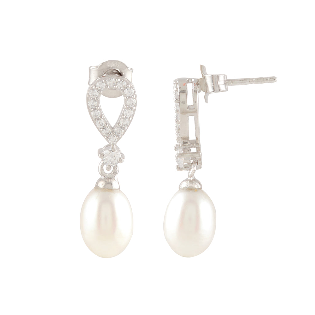 White Pearl Drop Earrings Adorned with Sparkling Stones