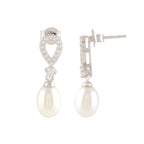 White Pearl Drop Earrings Adorned with Sparkling Stones