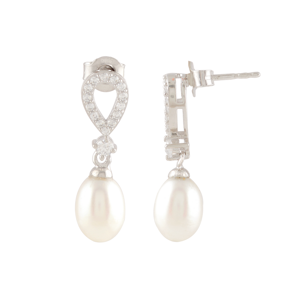 White Pearl Drop Earrings Adorned with Sparkling Stones