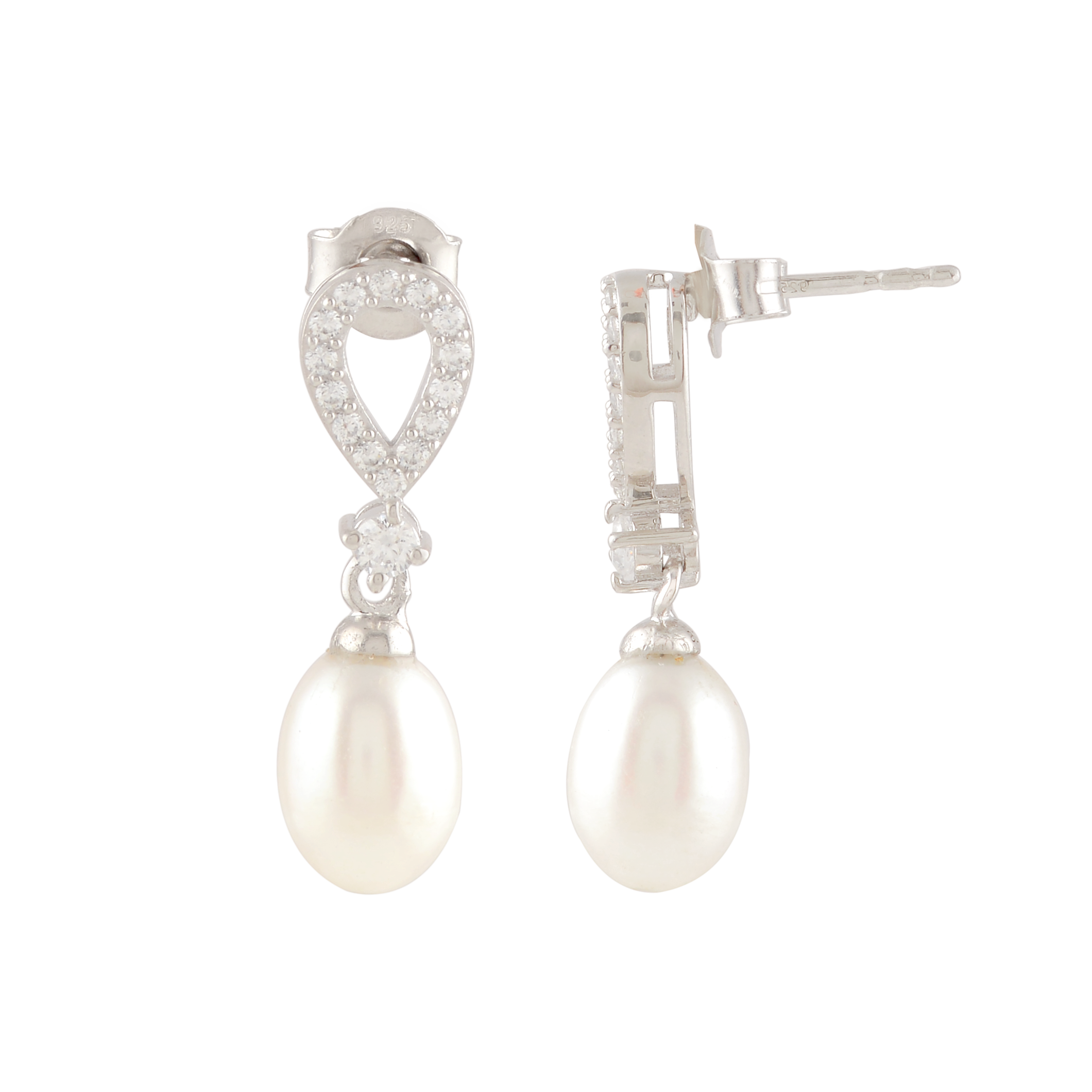 White Pearl Drop Earrings Adorned with Sparkling Stones