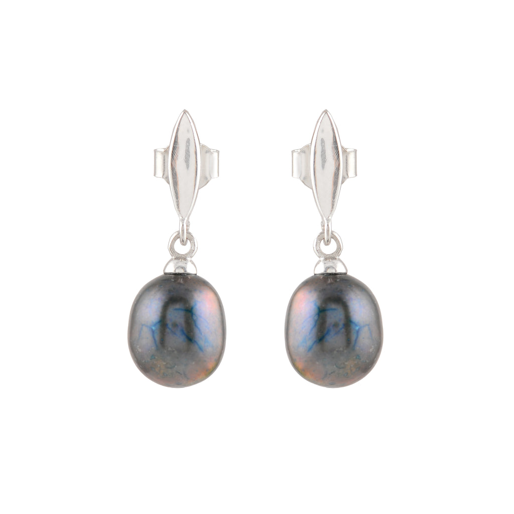 Silver Earrings with Hanging Black Pearl