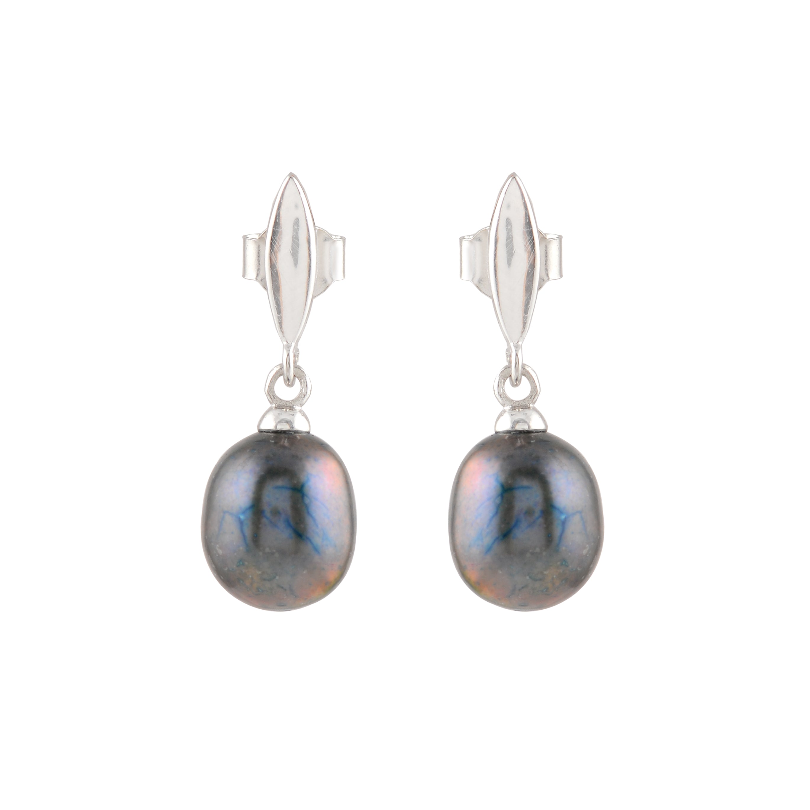 Silver Earrings with Hanging Black Pearl