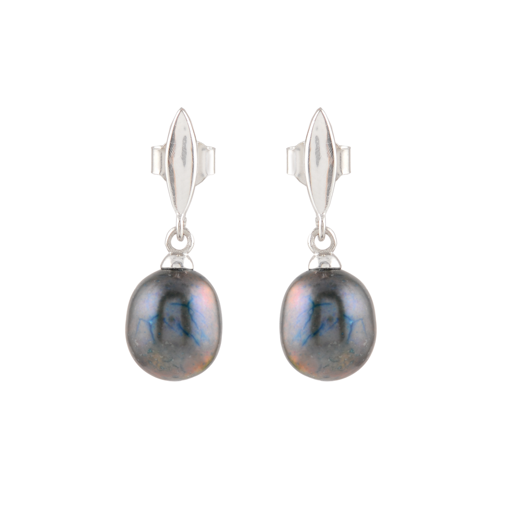 Silver Earrings with Hanging Black Pearl