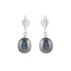 Silver Earrings with Hanging Black Pearl