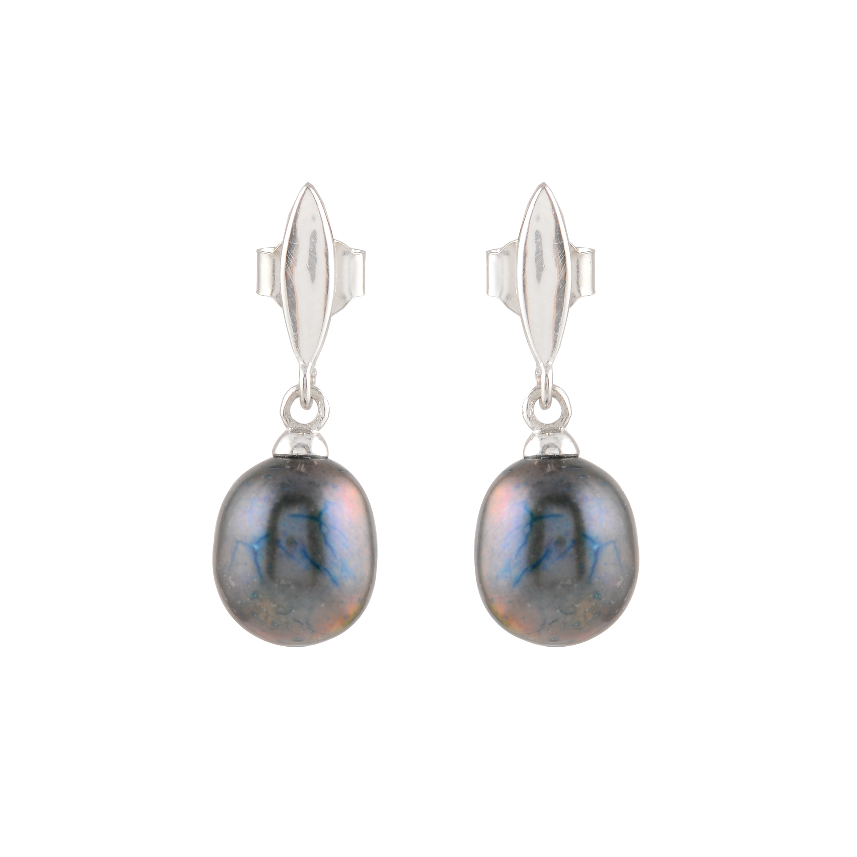 Silver Earrings with Hanging Black Pearl