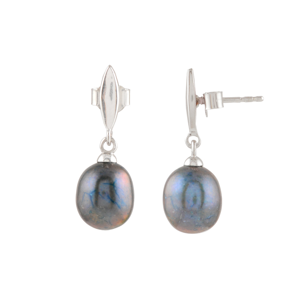 Silver Earrings with Hanging Black Pearl