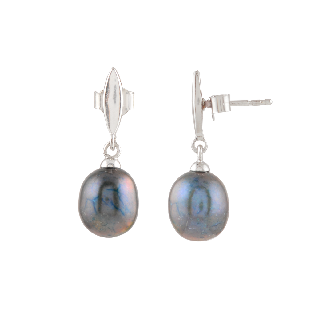 Silver Earrings with Hanging Black Pearl