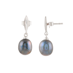 Silver Earrings with Hanging Black Pearl