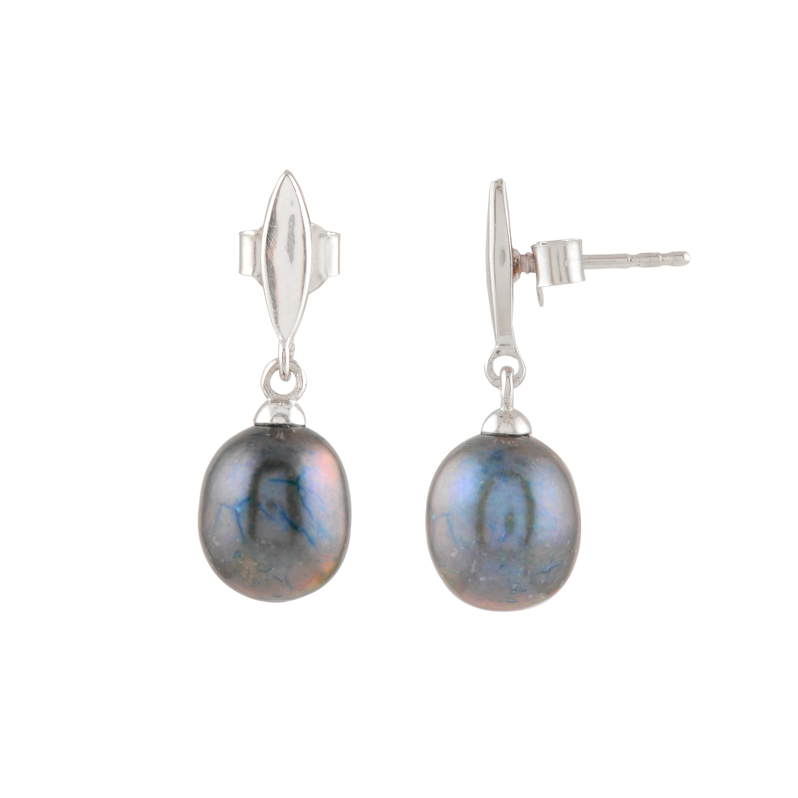 Silver Earrings with Hanging Black Pearl