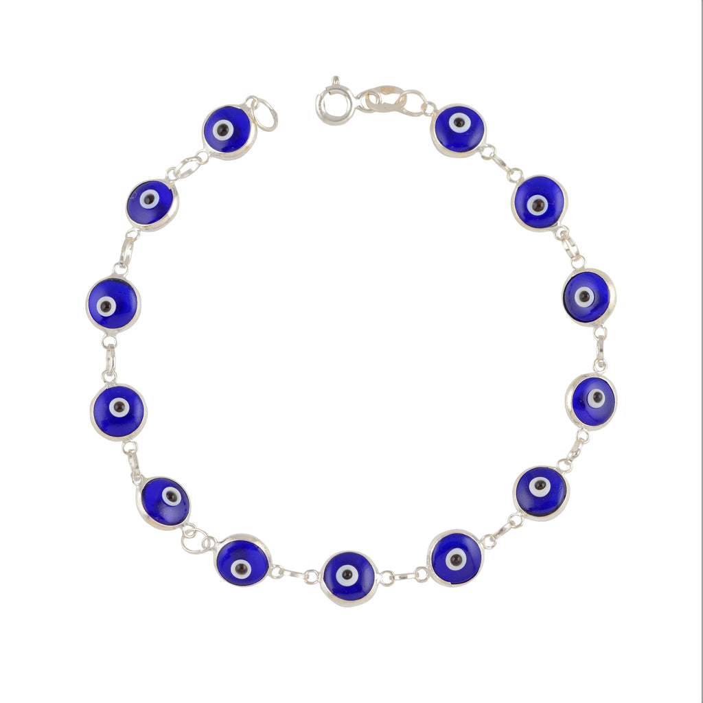 Minimalist Blue Enamel Evil Eye Bracelet in Pure 92.5 Silver