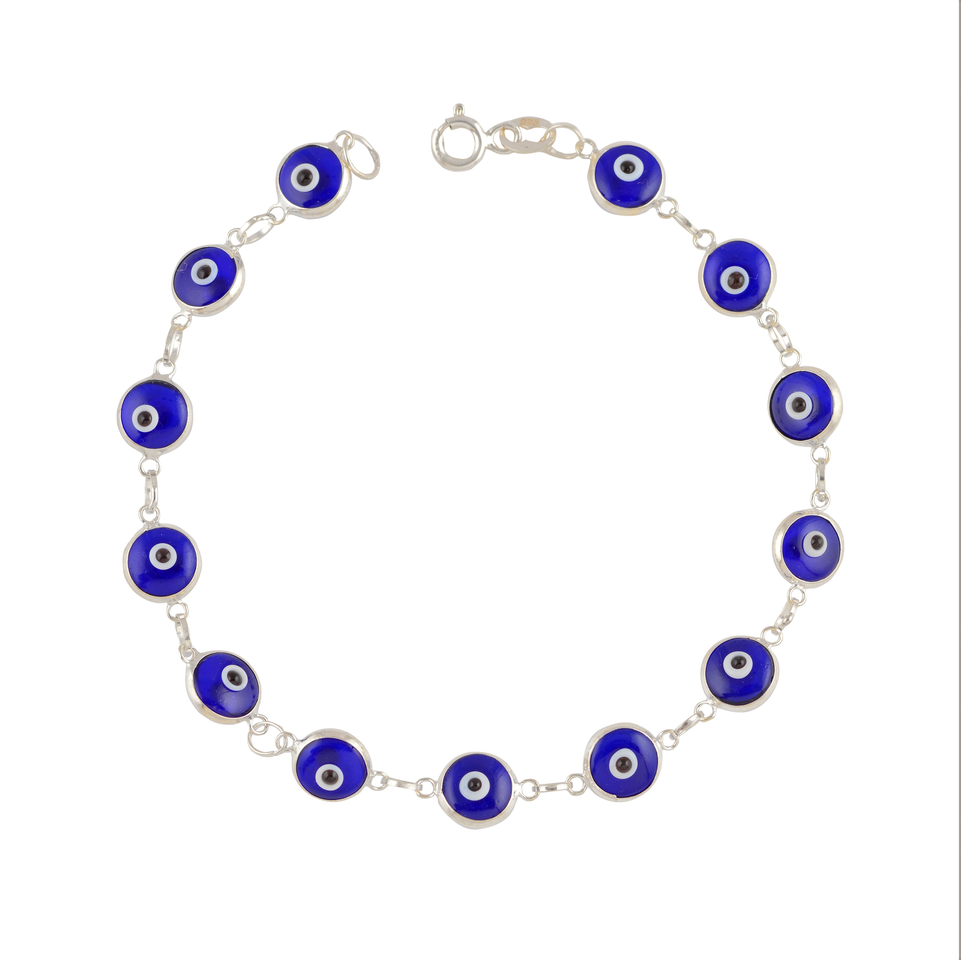 Minimalist Blue Enamel Evil Eye Bracelet in Pure 92.5 Silver