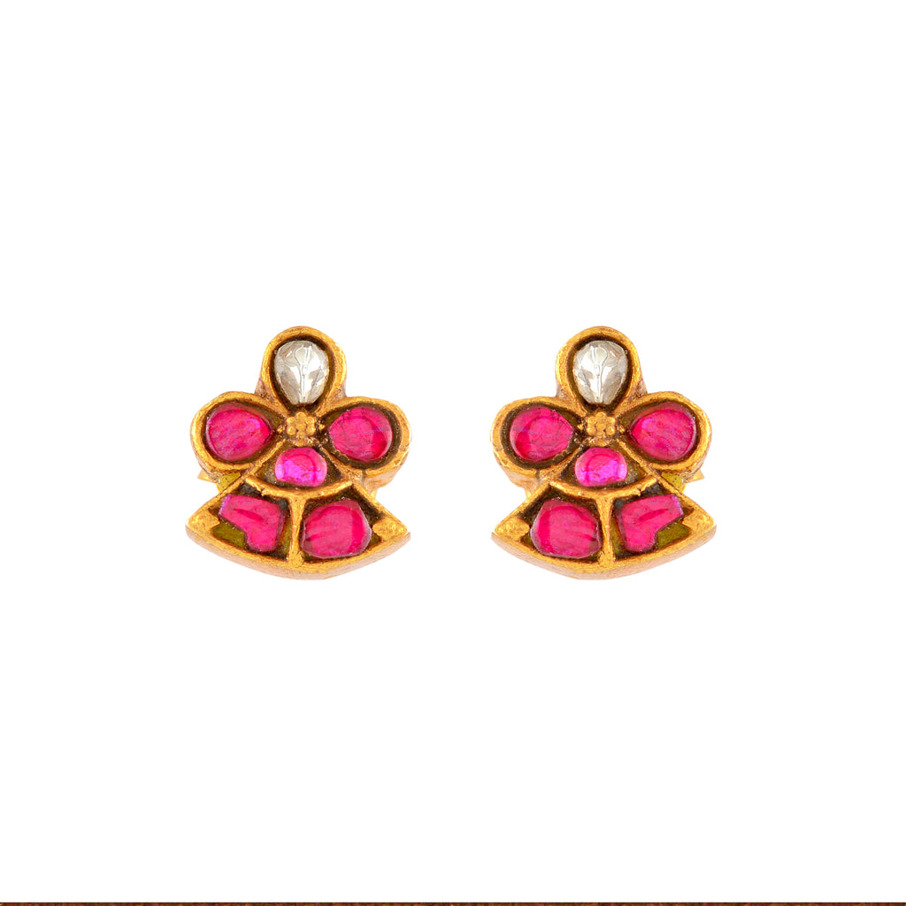 Silver Red Stone Floral Earrings