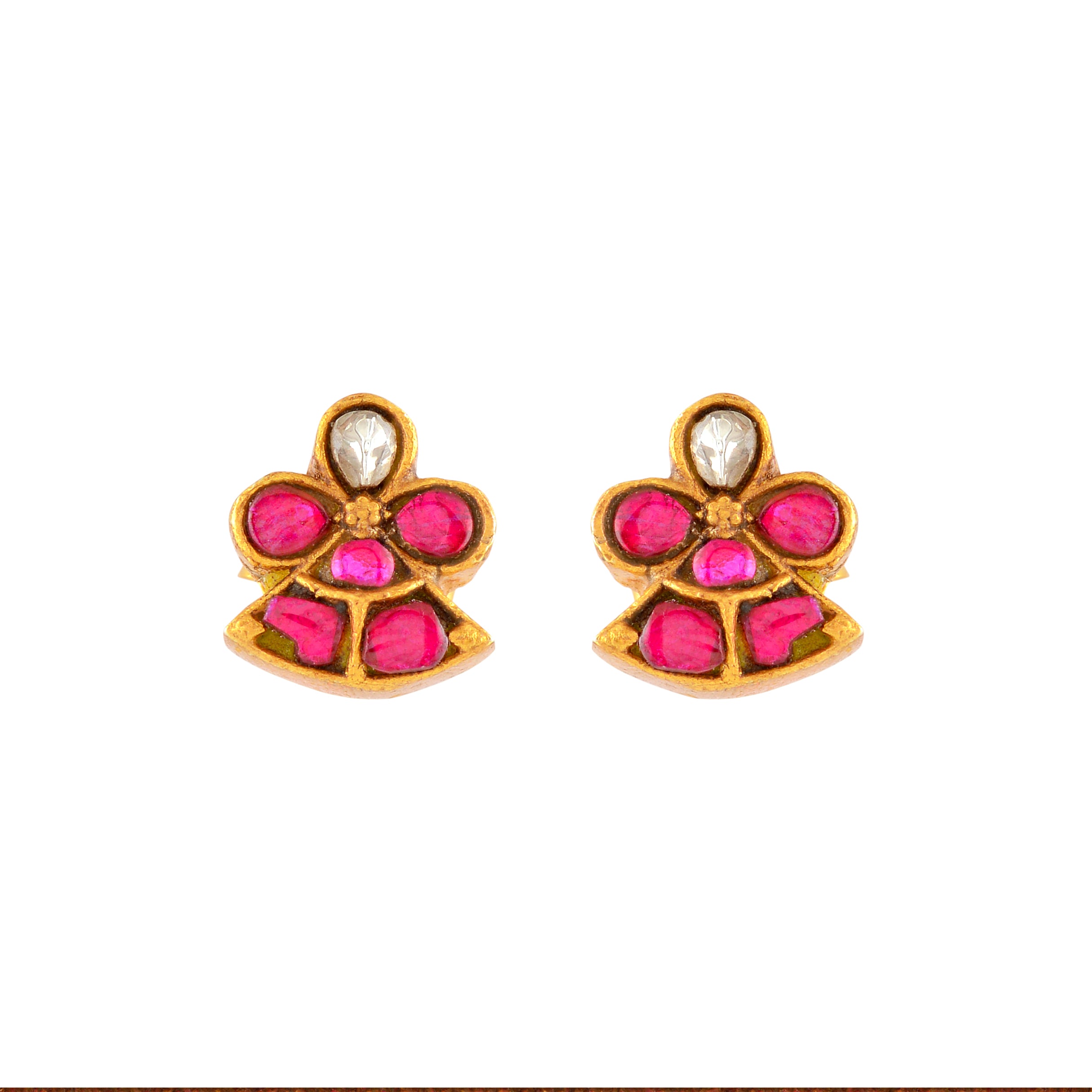 Silver Red Stone Floral Earrings