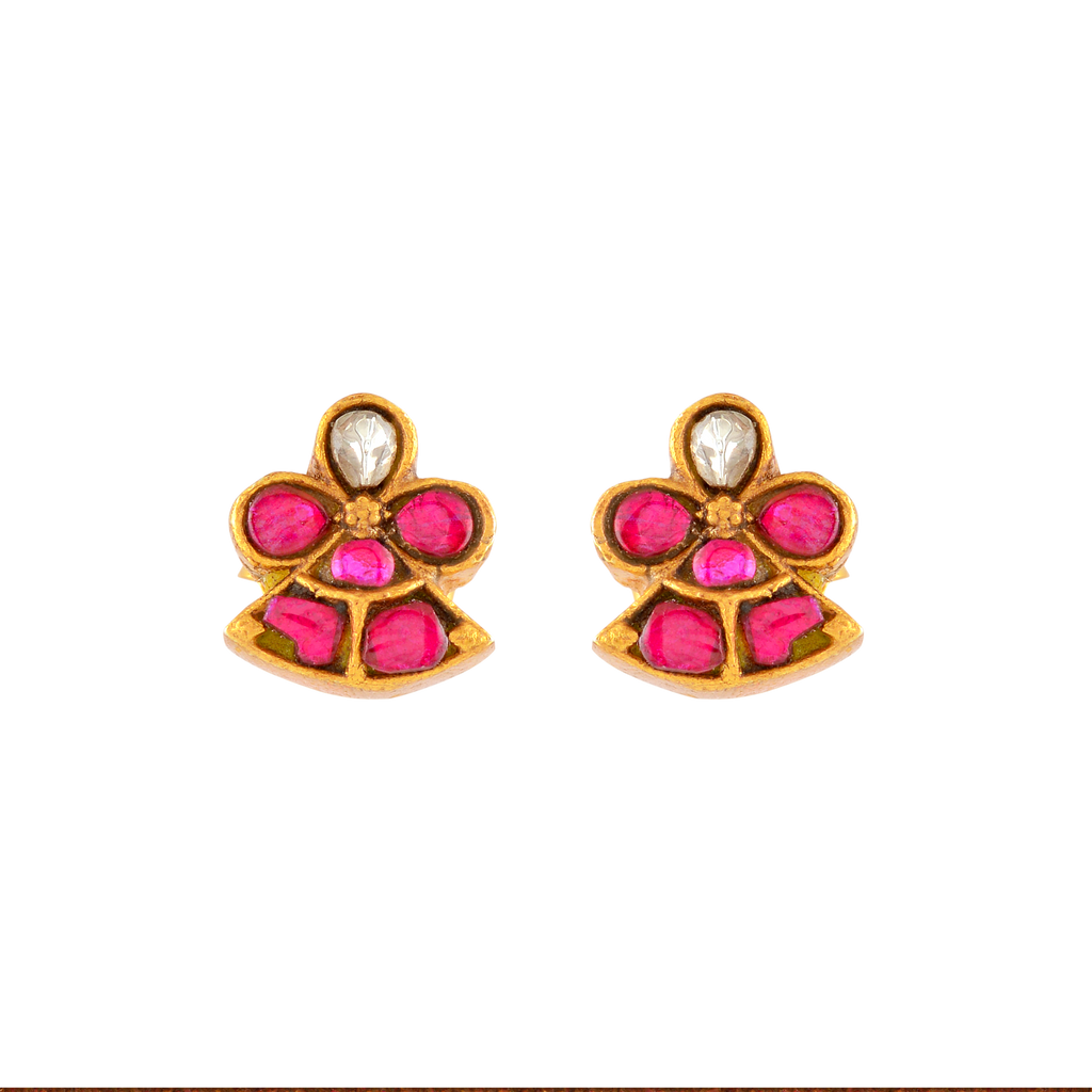 Silver Red Stone Floral Earrings