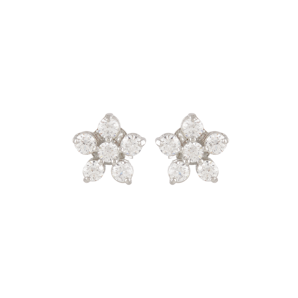 Silver Floral Stud Earrings with Sparkling CZ Accents