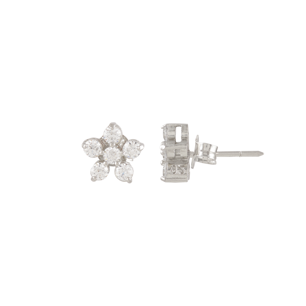 Silver Floral Stud Earrings with Sparkling CZ Accents