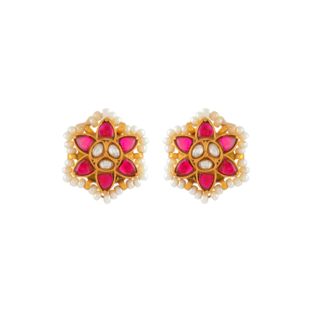 Crimson Bloom Silver Stud Earrings