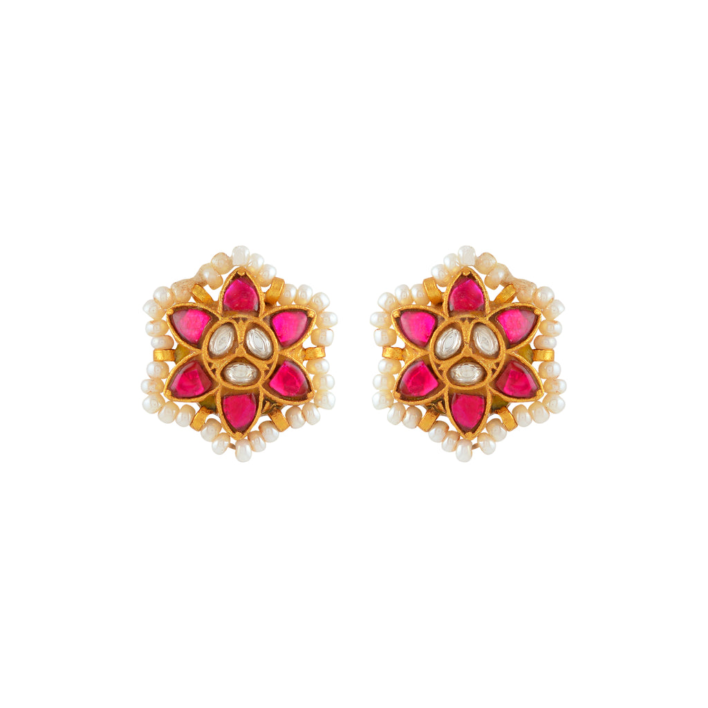 Crimson Bloom Silver Stud Earrings