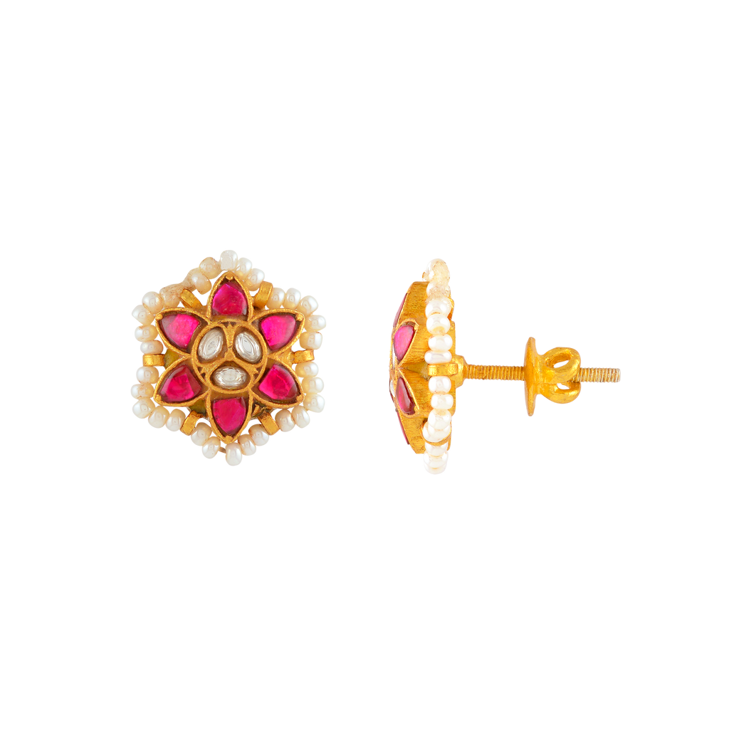 Crimson Bloom Silver Stud Earrings