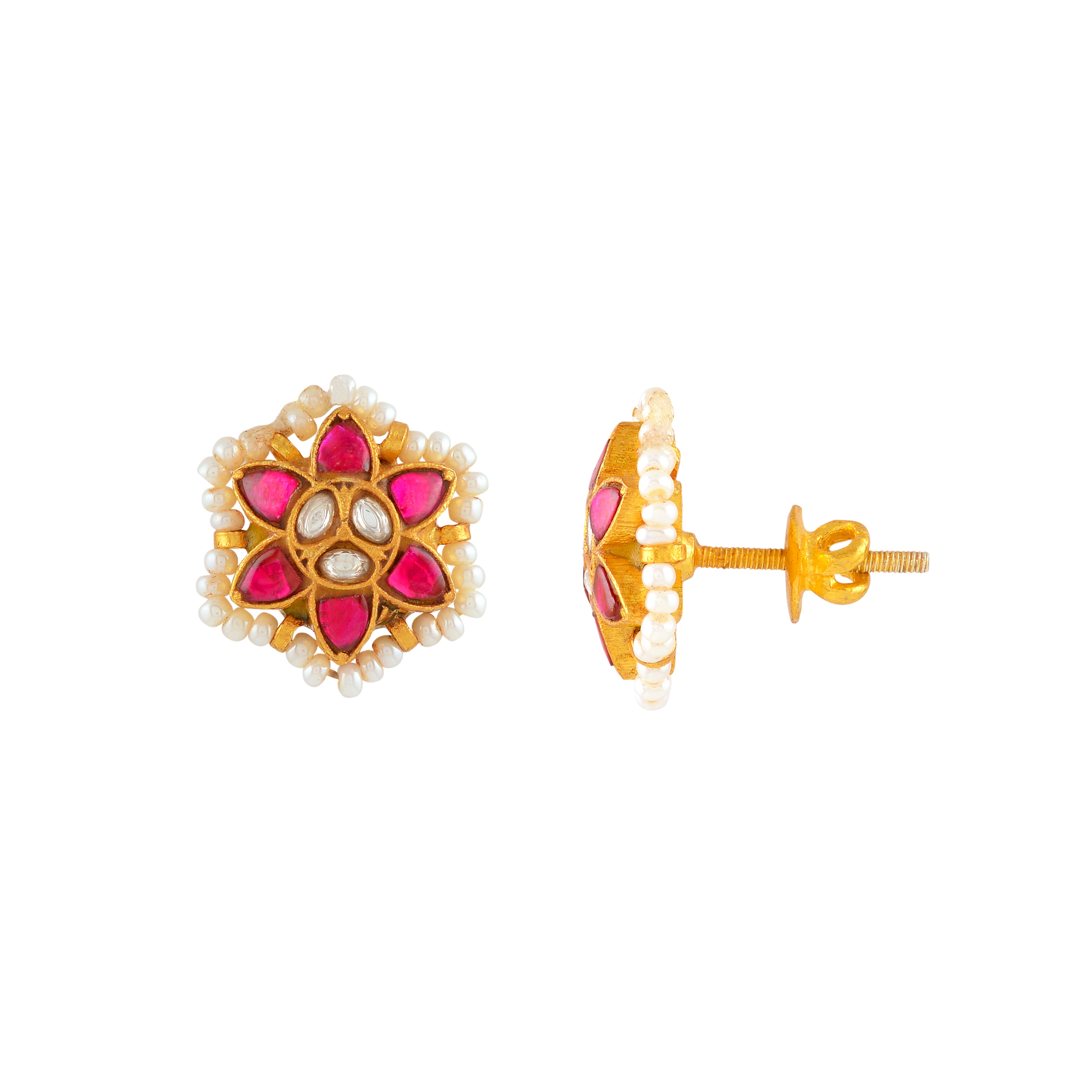 Crimson Bloom Silver Stud Earrings