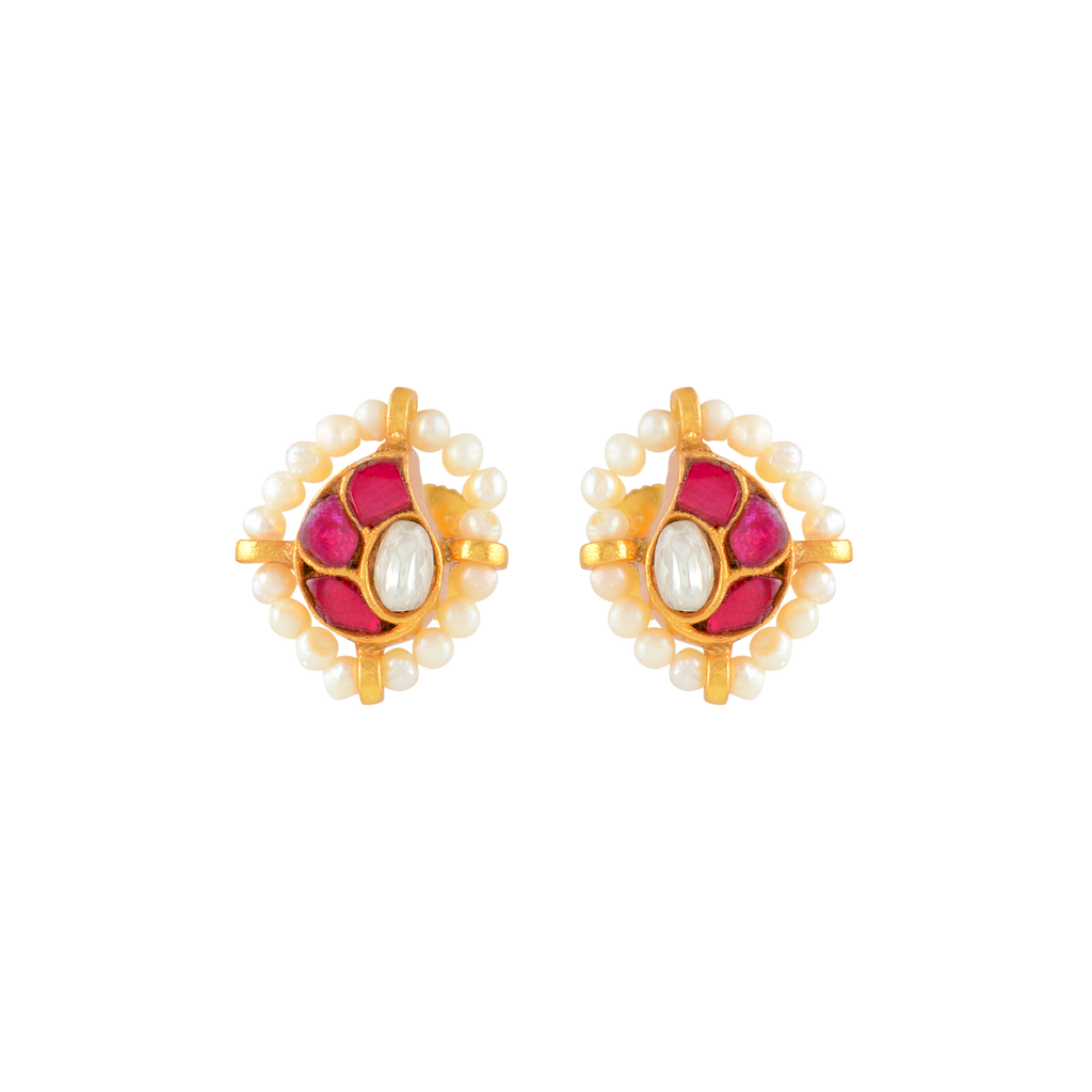 Crimson Glow Mango Pattern Silver Studs