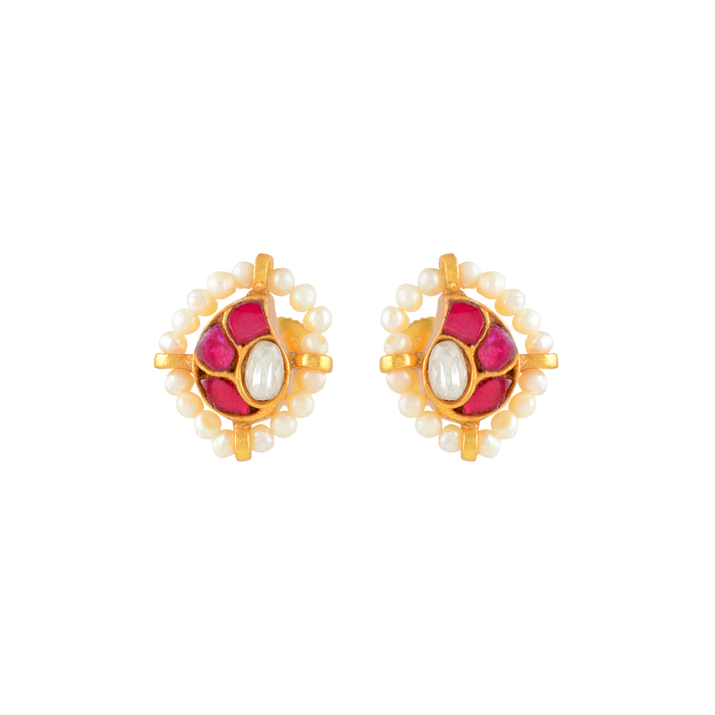 Crimson Glow Mango Pattern Silver Studs