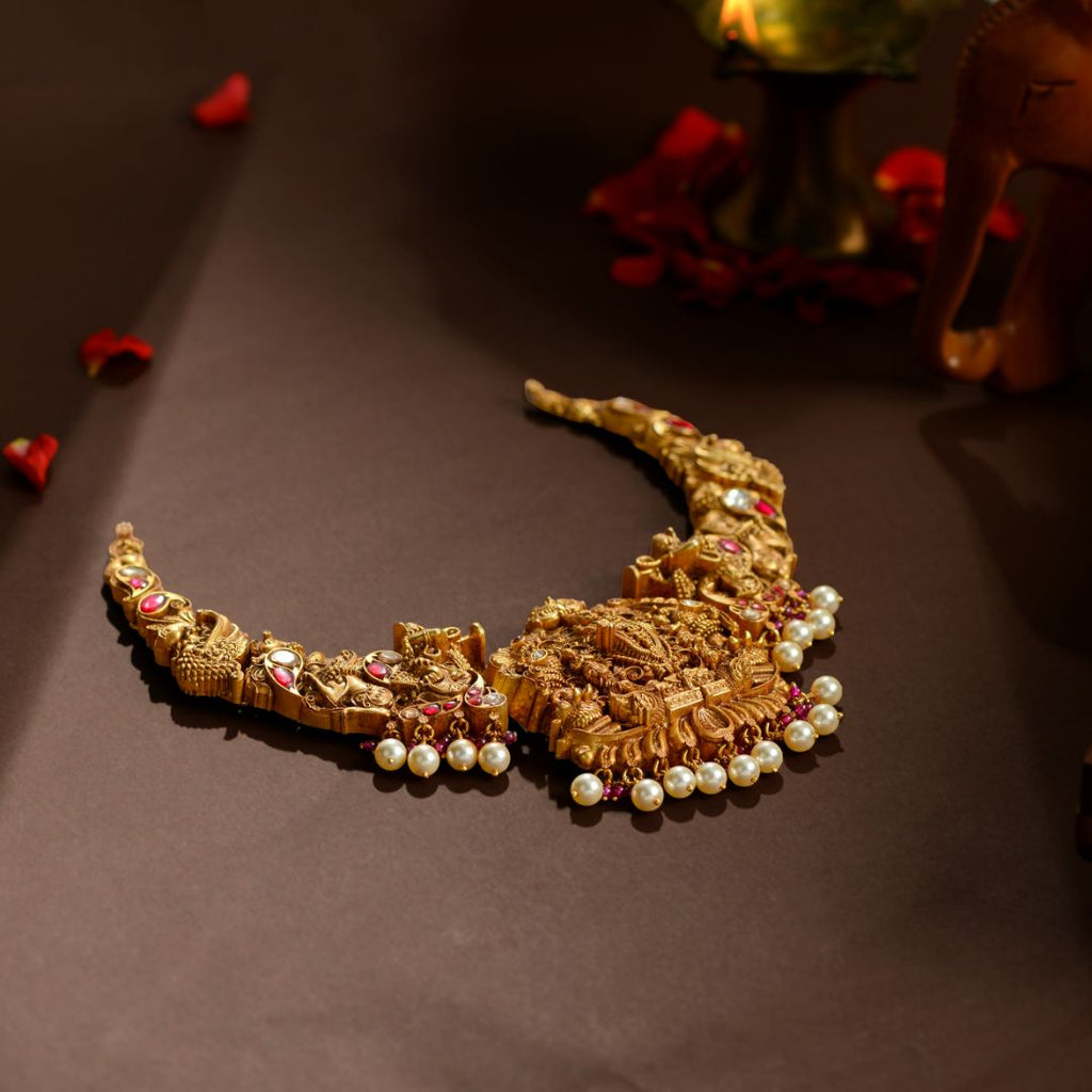 92.5 Sterling Silver Temple Necklace with Lord Balaji, Peacock & Pearl Drops
