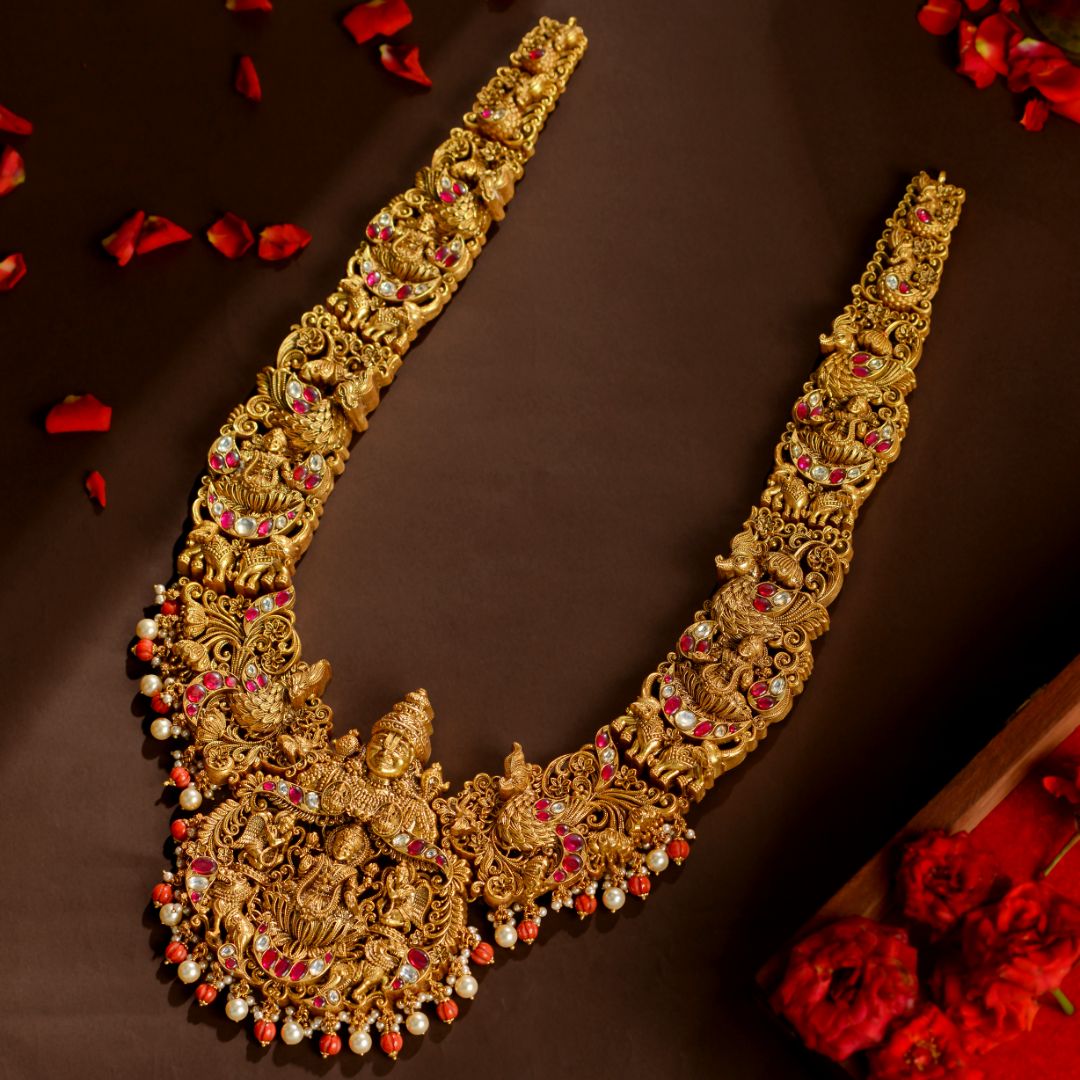 Silver Temple Necklace with Lord Balaji, Goddess Lakshmi, Peacock & Elephant Motifs