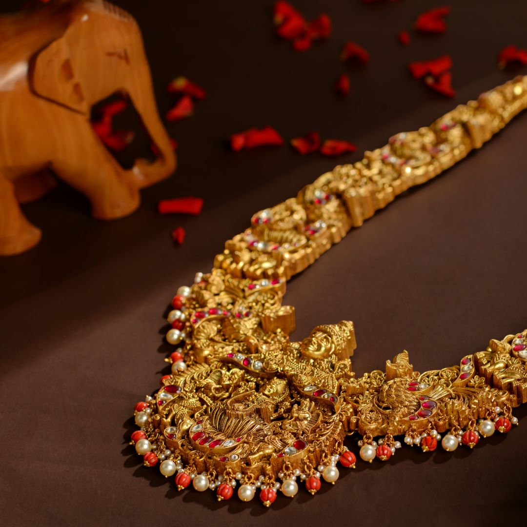 Silver Temple Necklace with Lord Balaji, Goddess Lakshmi, Peacock & Elephant Motifs