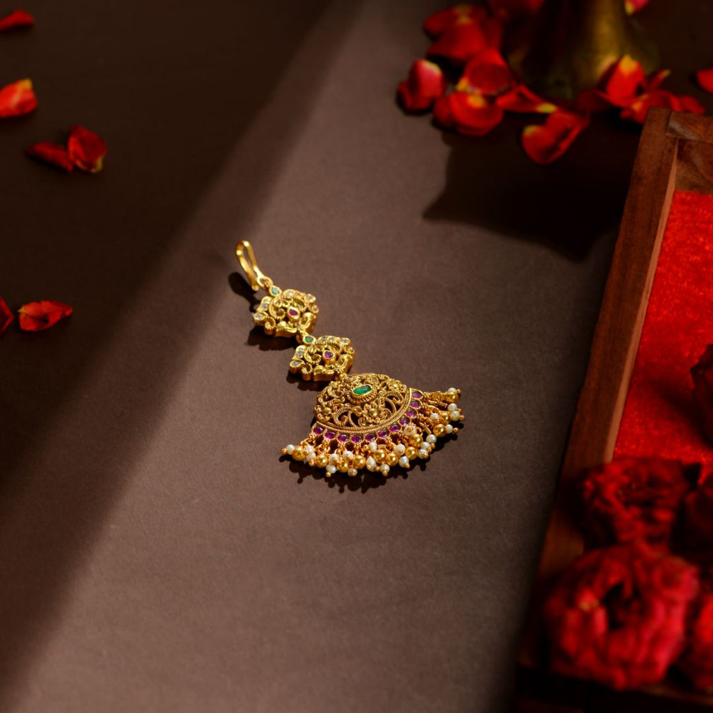 92.5 Sterling Silver Temple Maang Tikka with Ruby, Emerald & Pearl Drops