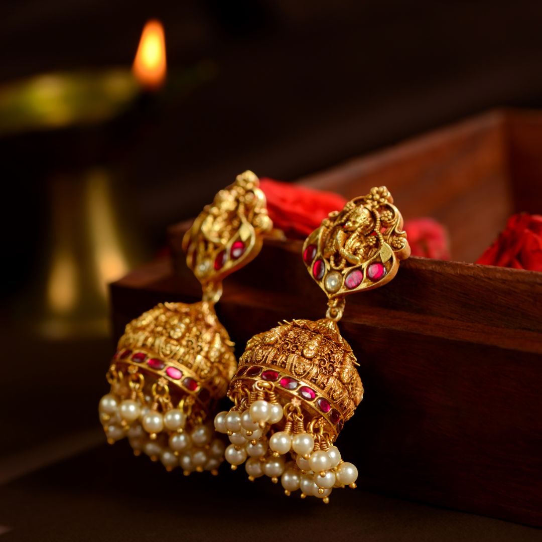 92.5 Sterling Silver Temple Jhumka Earrings with Balaji & Garuda Motif