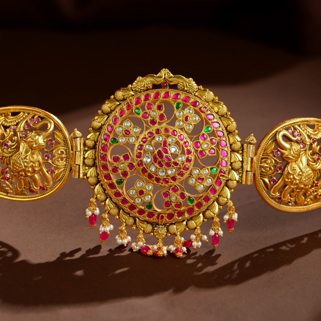 92.5 Sterling Silver Temple Vaddanam with Intricate Peacock & Floral Design