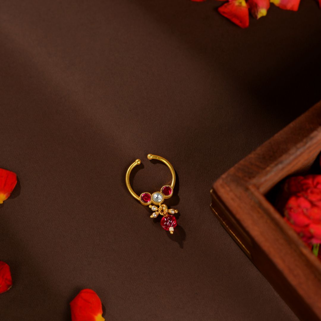 92.5 Sterling Silver Ruby Stone Nose Ring with Pearl Dangles