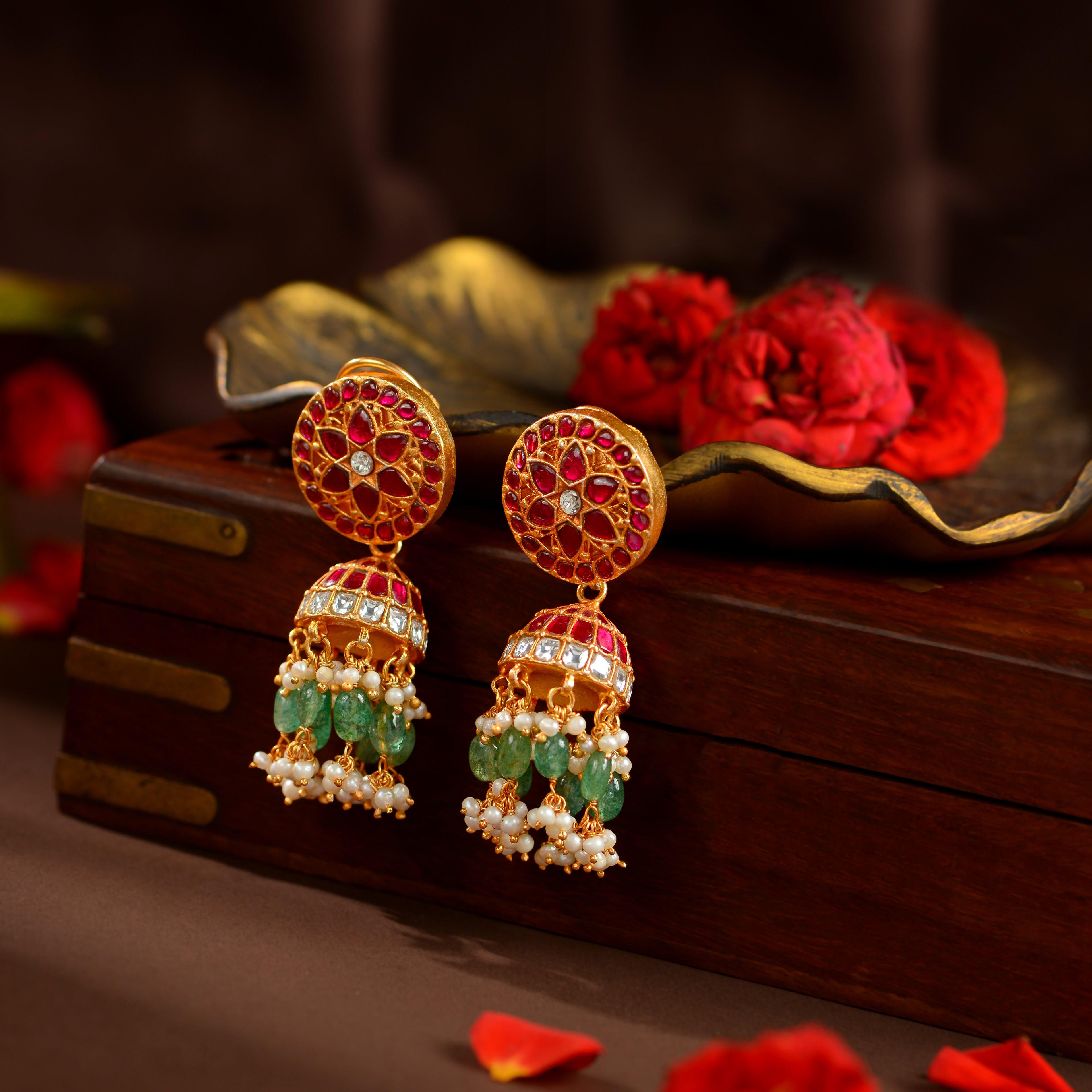 Kundan Ruby Emerald Pearl Jhumka Earrings