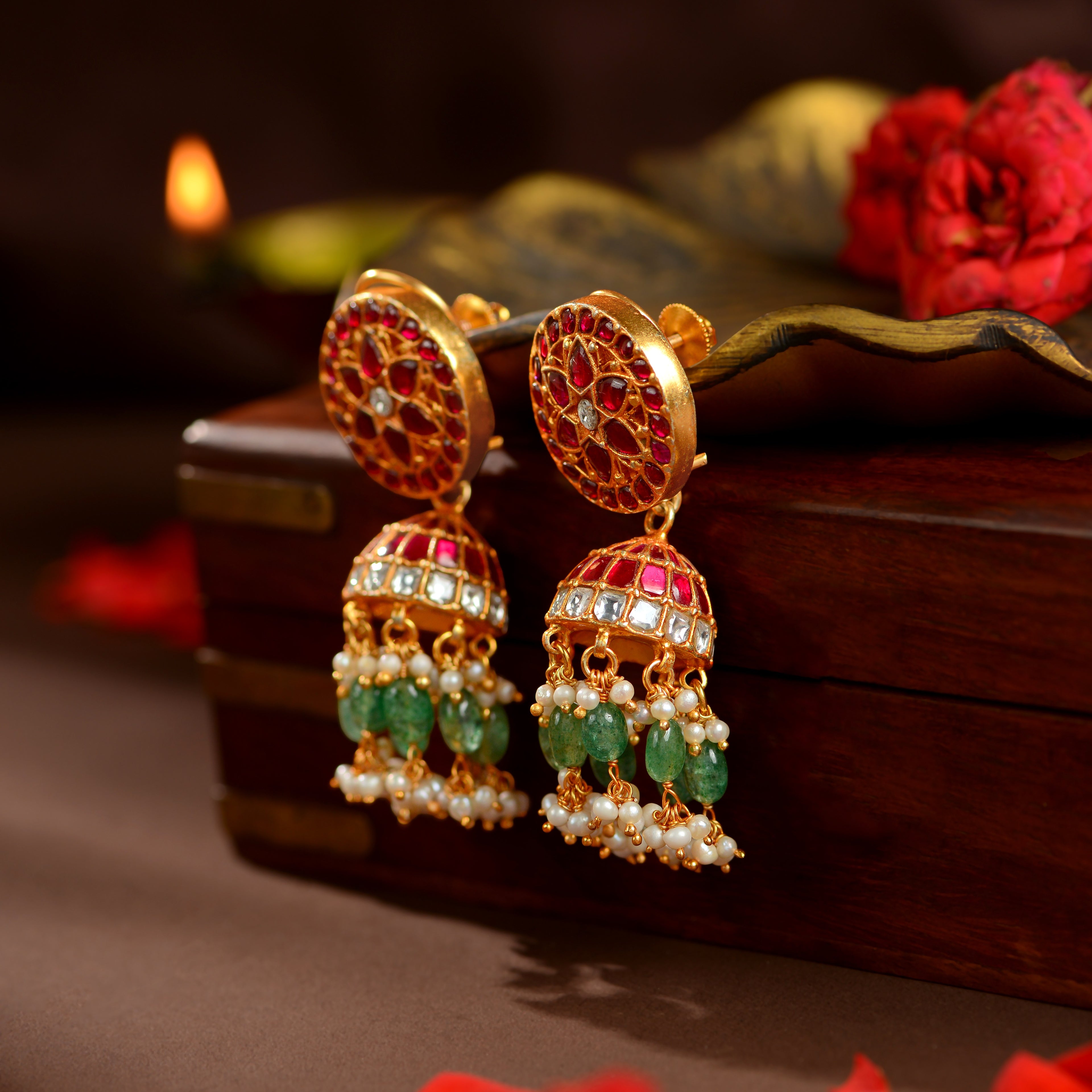 Kundan Ruby Emerald Pearl Jhumka Earrings