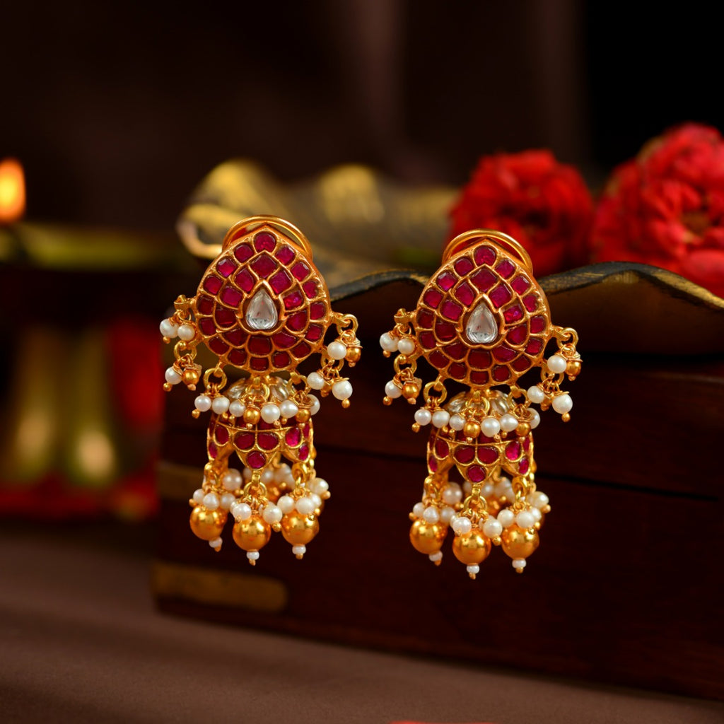 92.5 Silver Kundan Ruby Jhumka Earrings