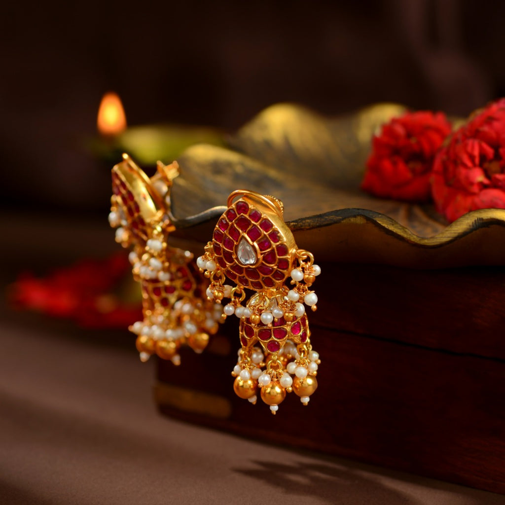 92.5 Silver Kundan Ruby Jhumka Earrings