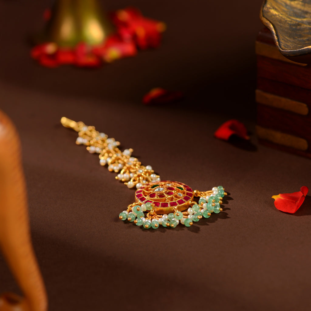 Ruby Emerald Pearl Maang Tikka