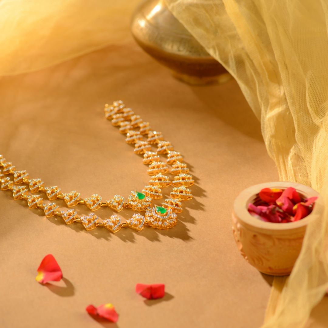 CZ Silver Chadha Haram with Emerald Stones