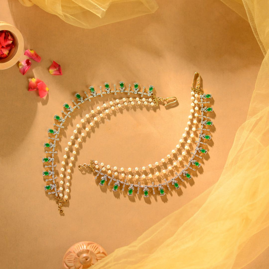 92.5 Silver CZ Emerald Champa Swaralu for Women Designer Bridal Hair Jewellery