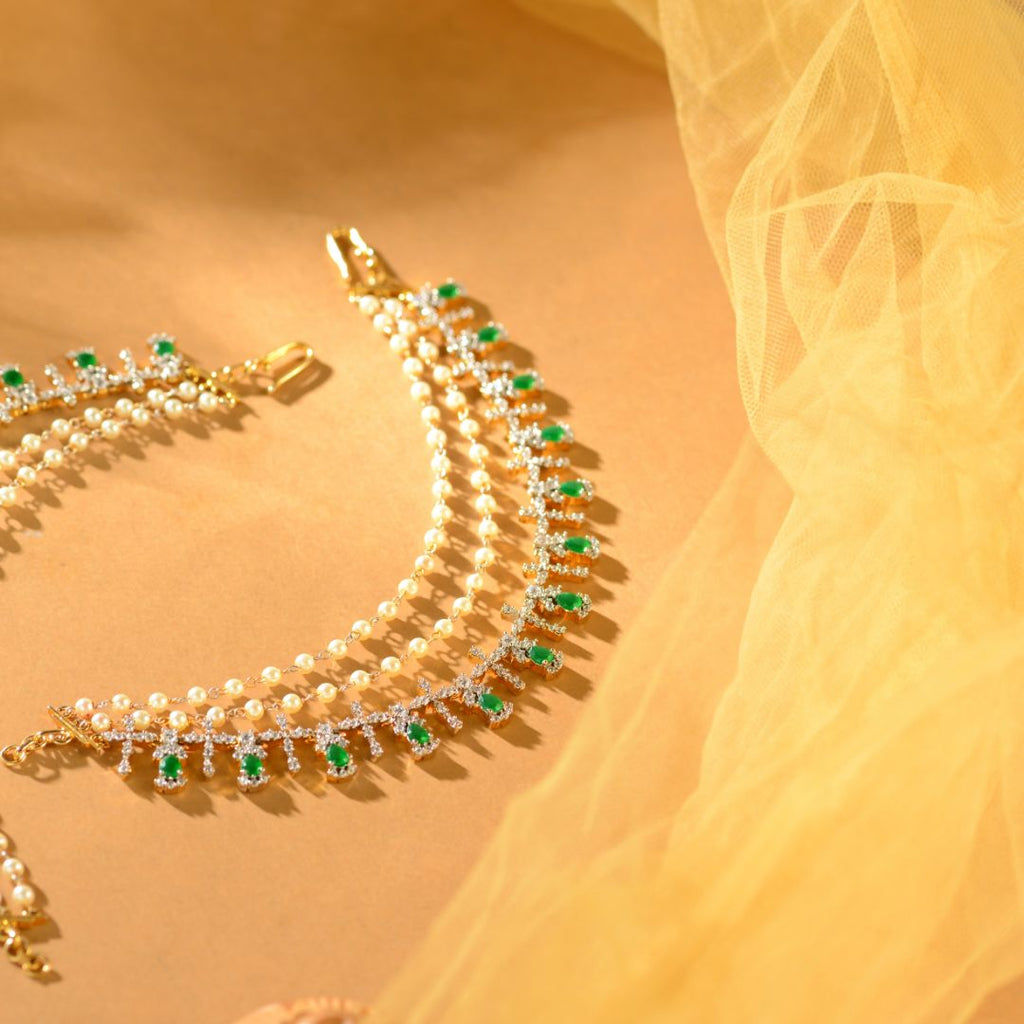 92.5 Silver CZ Emerald Champa Swaralu for Women Designer Bridal Hair Jewellery