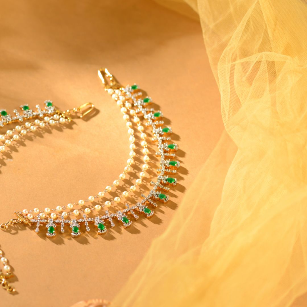 92.5 Silver CZ Emerald Champa Swaralu for Women Designer Bridal Hair Jewellery