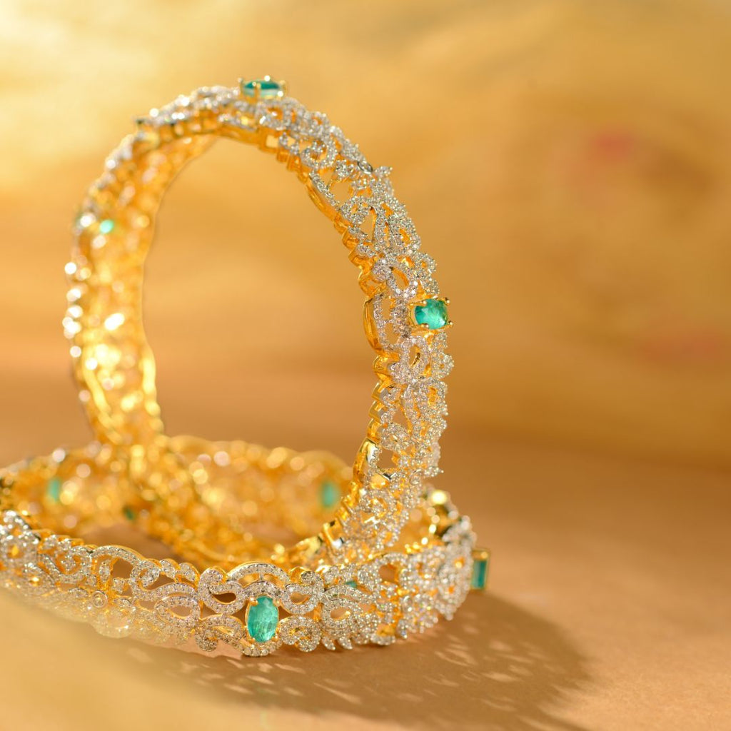 Emerald Designer Silver CZ Bangles for Women Premium Bridal Kada Bangles