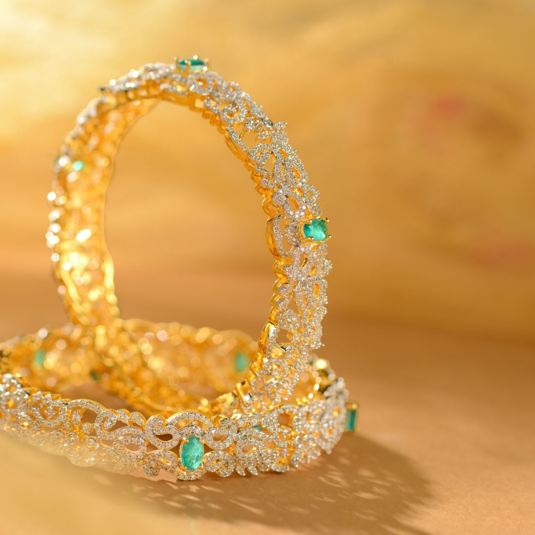 Emerald Designer Silver CZ Bangles for Women Premium Bridal Kada Bangles