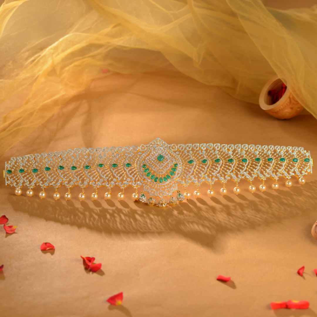 Designer Emerald Silver CZ Vaddanam for Women Bridal Waist Belt
