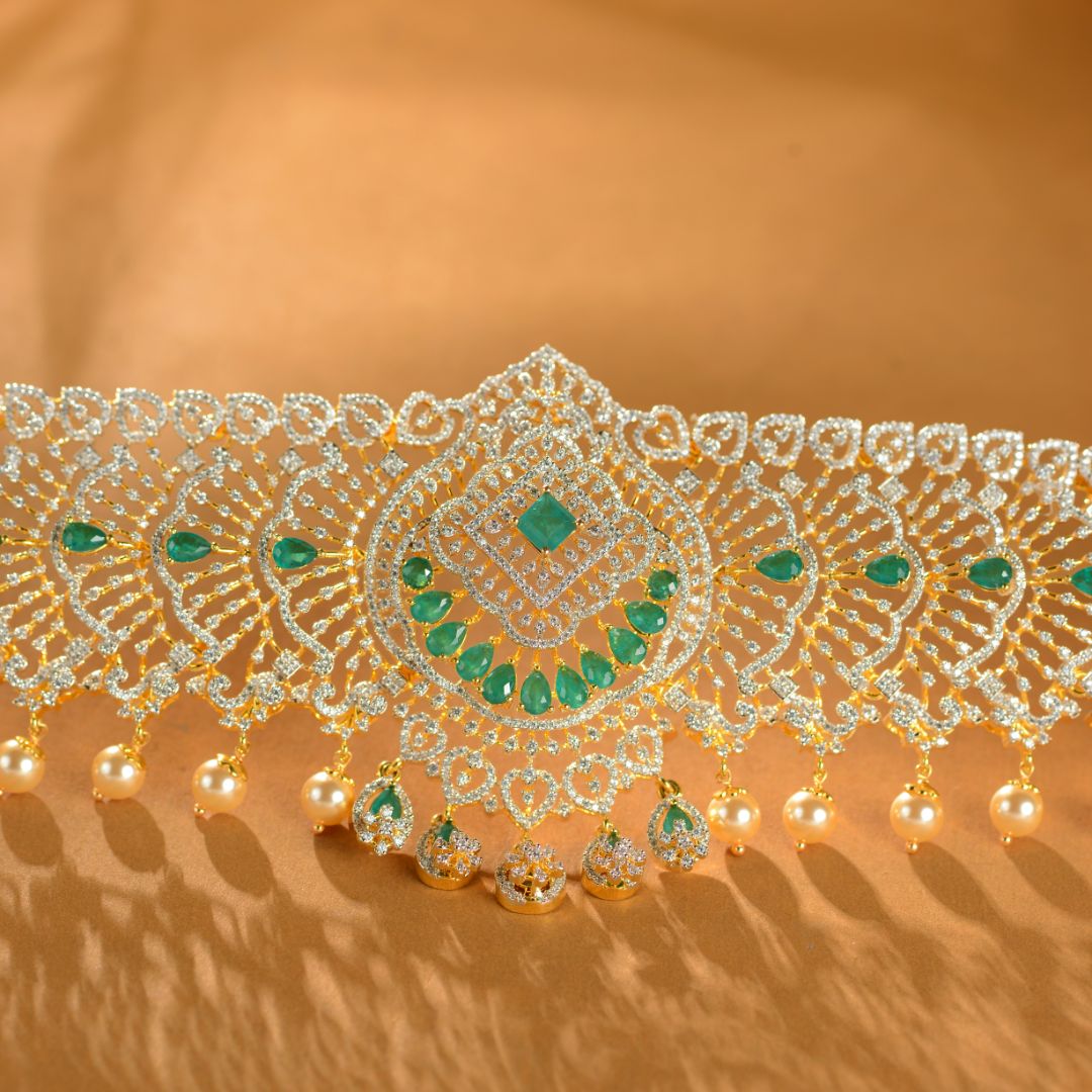 Designer Emerald Silver CZ Vaddanam for Women Bridal Waist Belt