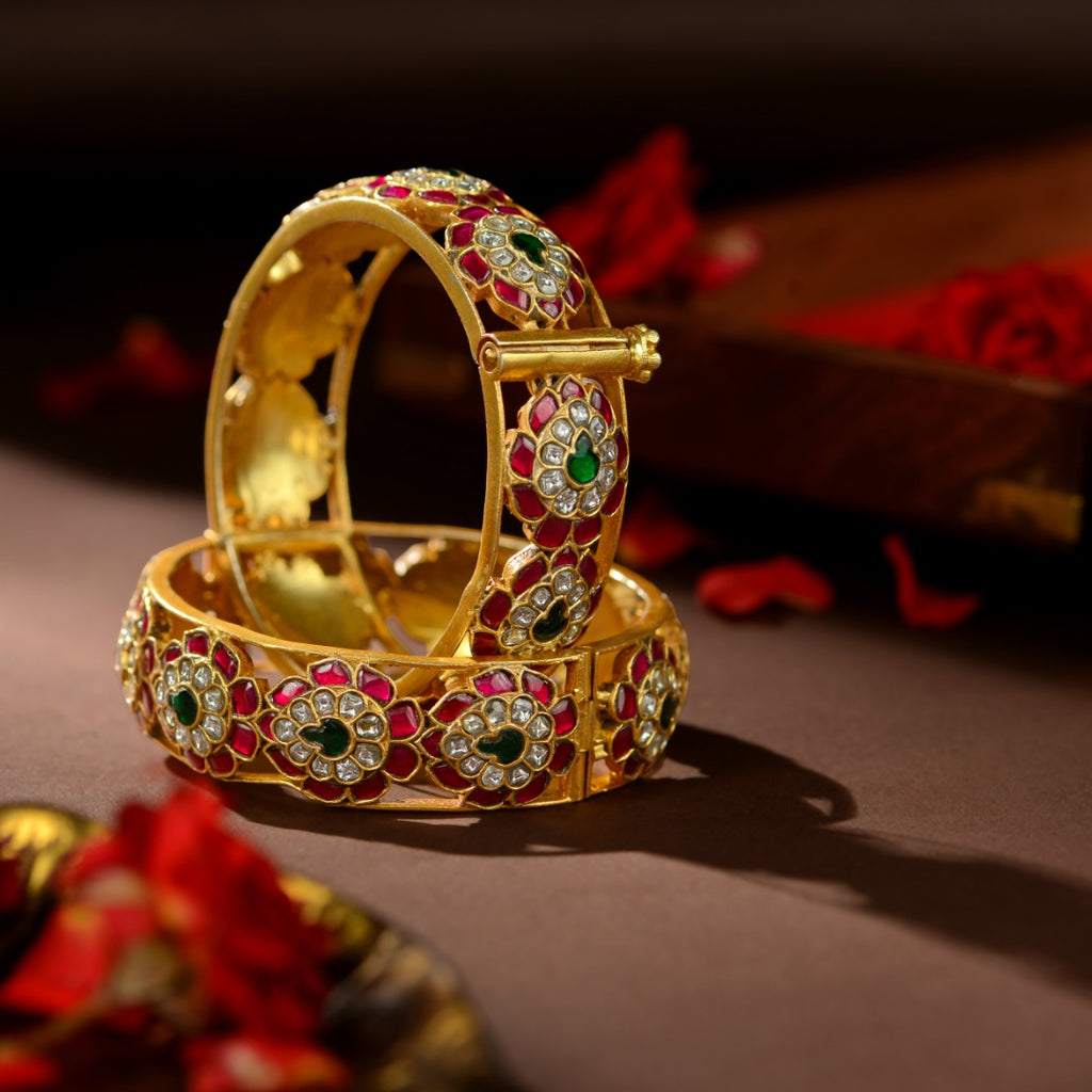 92.5 Silver Royal Floral Kundan Kada Bangles