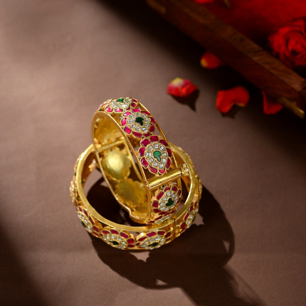 92.5 Silver Royal Floral Kundan Kada Bangles