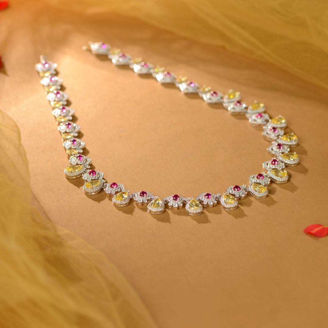 Pear Cut Yellow Pink CZ Statement Necklace